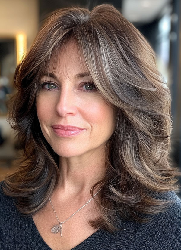 Brushed Brunette Layers, Long Layered Haircut for women over 50, Long Layered Hairstyle for women over 50, butterfly layered haircut