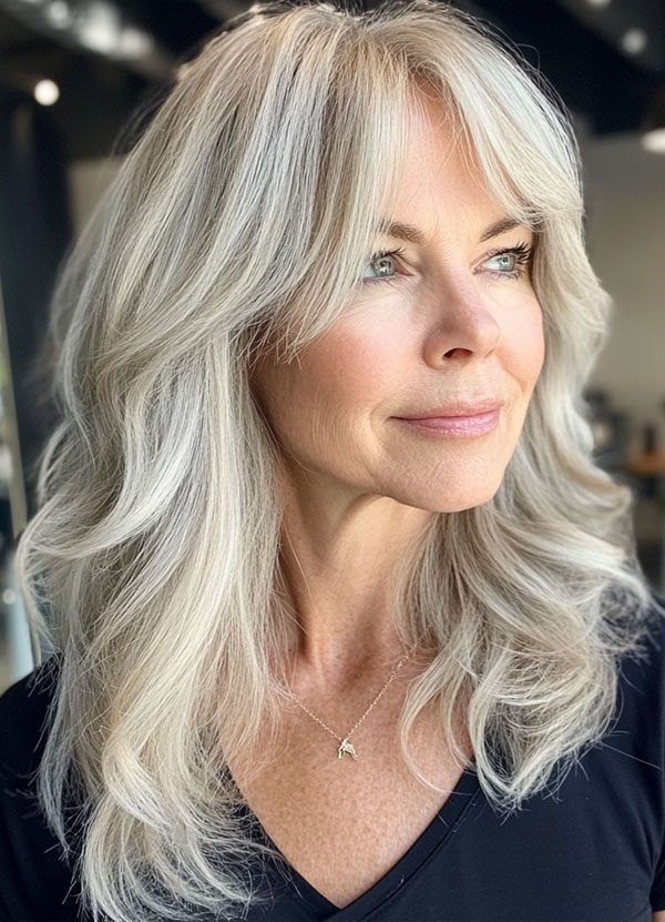 Silver Cascading Layers, Long Layered Haircut for women over 50, Long Layered Hairstyle for women over 50, butterfly layered haircut