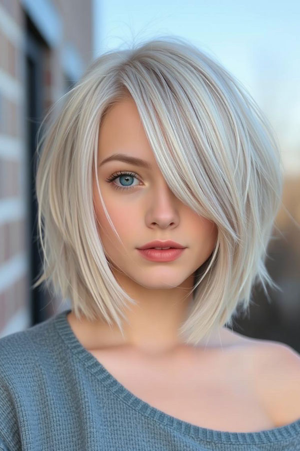 Side-Swept Platinum Layered Bob, icy platinum long bob, icy platinum lob