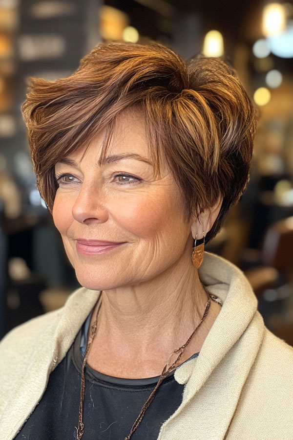 Golden Chestnut Long Layered Pixie, pixie haircut for women over 60