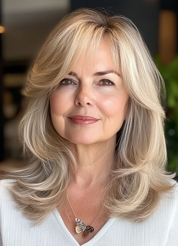 Silver Blonde Feathered Layers, medium-length layered haircuts, mid-length hairstyle for women Over 60 