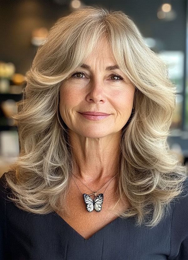 Silver Layers, Long Layered Haircut for women over 50, Long Layered Hairstyle for women over 50, butterfly layered haircut