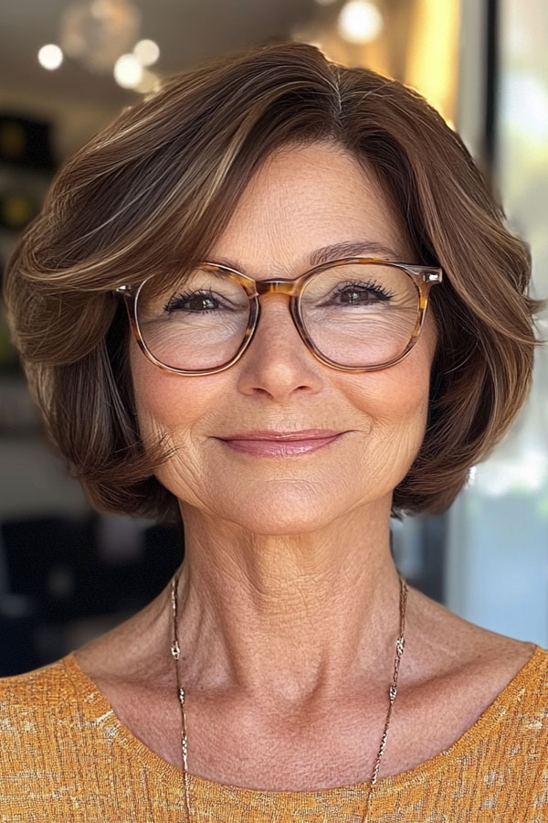 Soft Layered Bob with Subtle Highlights, Bob Haircut For Women Over 60 with Glasses