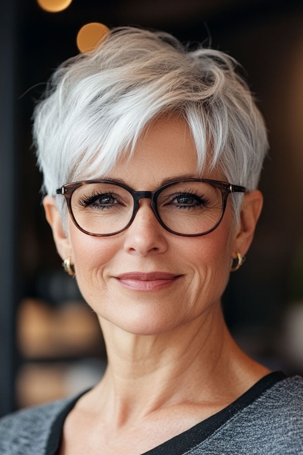 Classic Silver Pixie, Pixie Haircut For Women Over 60 with Glasses