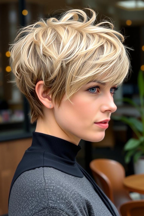 Platinum Blonde Bombshell Pixie, pixie hairstyle, short haircut 