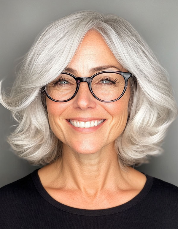 Silver Bob with Side-Swept Bangs, Medium-Length Haircut For Women Over 60 with Glasses