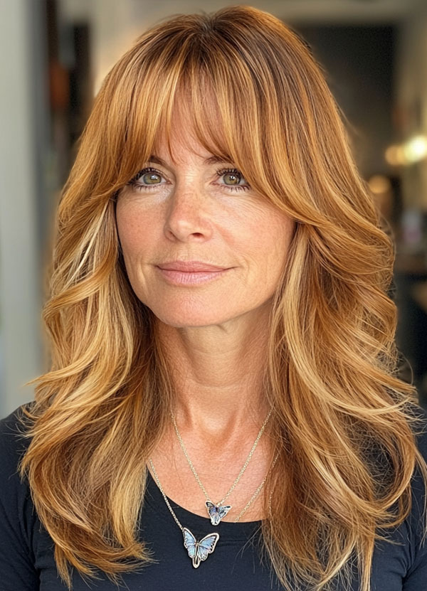 Effortless Auburn Layers with bangs, layered haircut for women over 40