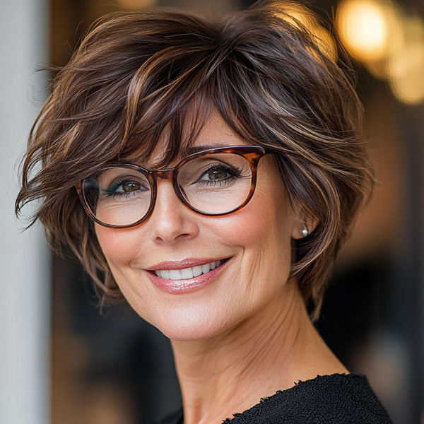 Brown Textured Pixie Cut, Short Haircut For Women Over 60 with Glasses