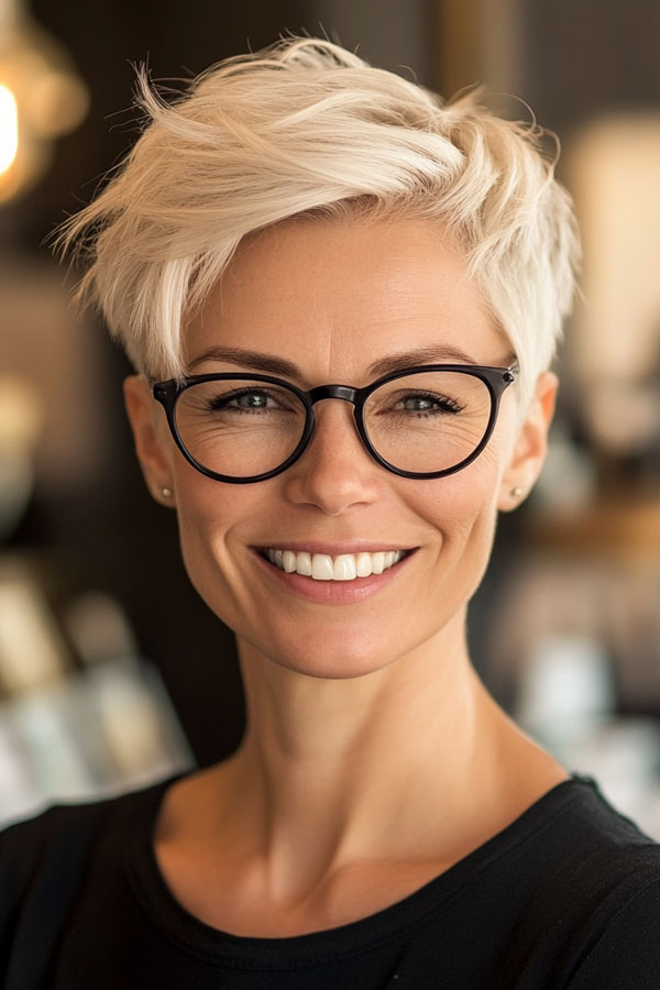 Edgy Platinum Pixie with Glasses, Pixie Haircut For Women Over 50