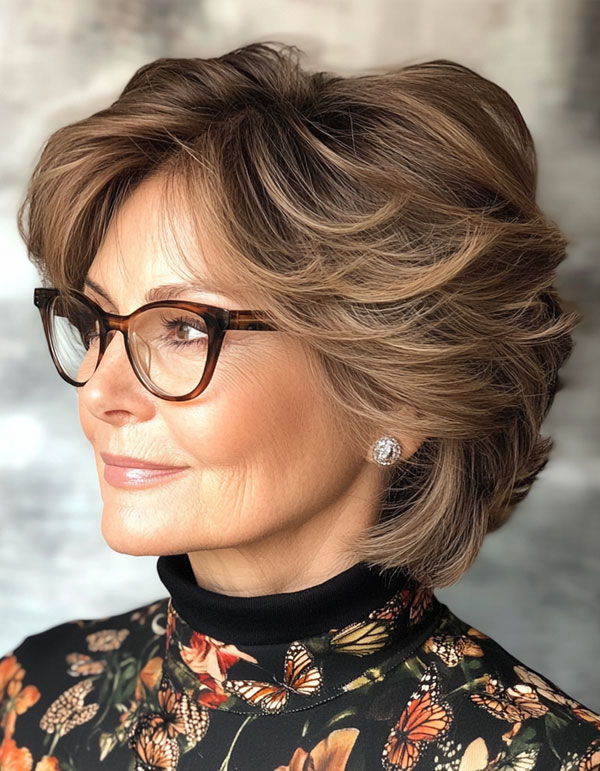 Classic Layered Cut with Warm Highlights, Short Haircut For Women Over 60 with Glasses