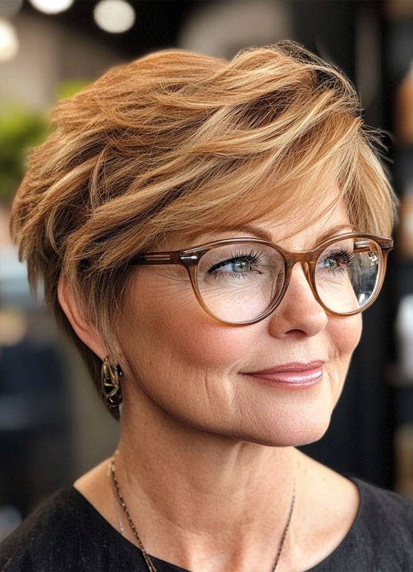 Warm Honey Layered Pixie, Pixie Haircut For Women Over 60 with Glasses