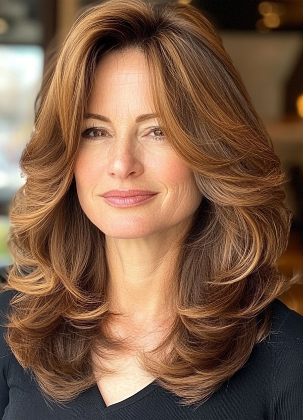 Warm Chestnut Layers, Long Layered Haircuts and Hairstyles For Women Over 40