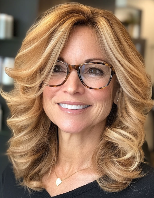 Voluminous Golden Layers, Medium-Length Haircut For Women Over 60 with Glasses