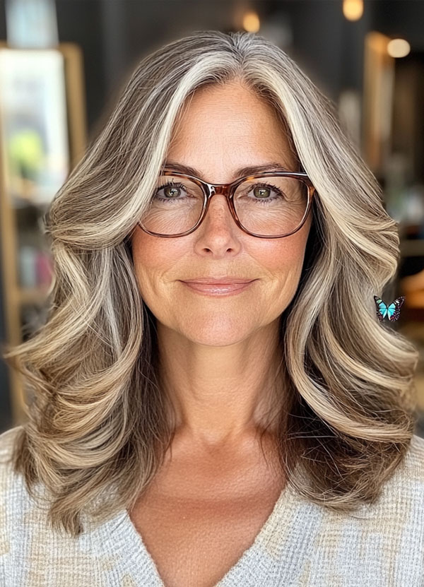 Silver Voluminous Layers, Medium-Length Haircut For Women Over 60 with Glasses