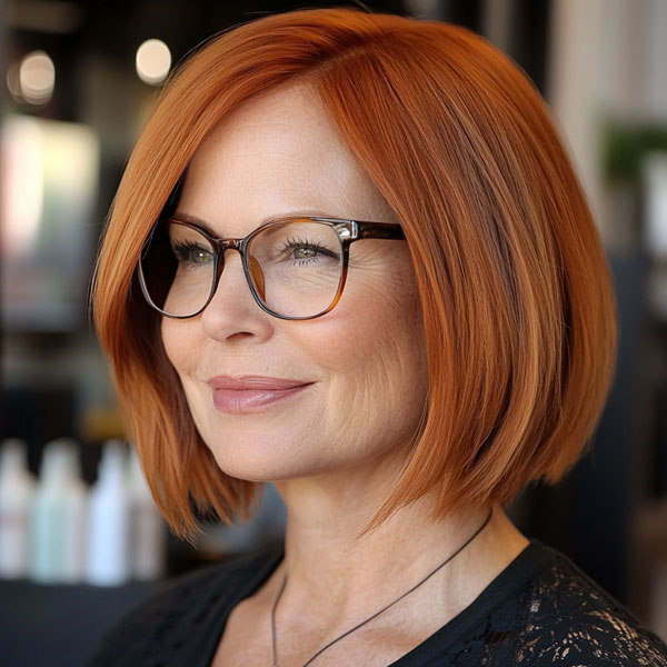 Vibrant Copper Bob, Bob Haircut For Women Over 60 with Glasses