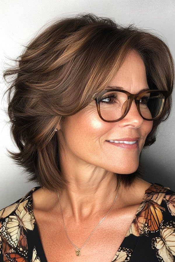 Sun-Kissed Layers, Medium-Length Haircut For Women Over 60 with Glasses