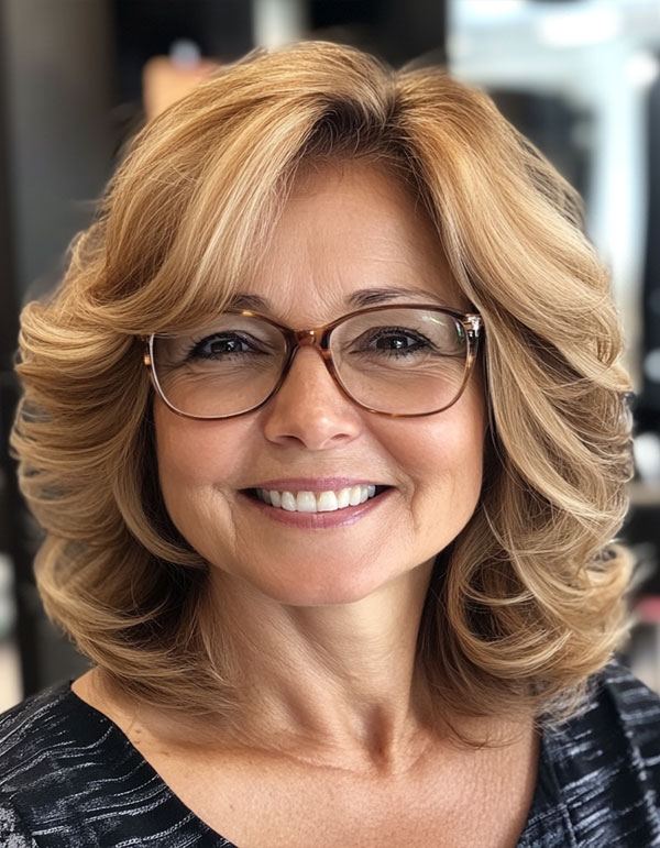 Soft Honey Blonde Layers, Medium-Length Haircut For Women Over 60 with Glasses