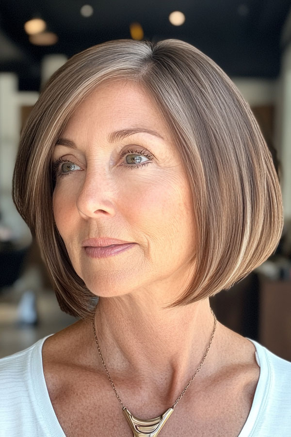 Sophisticated Warm Brown Sleek Bob, bob haircut for women over 60, bob hairstyle for female over 60