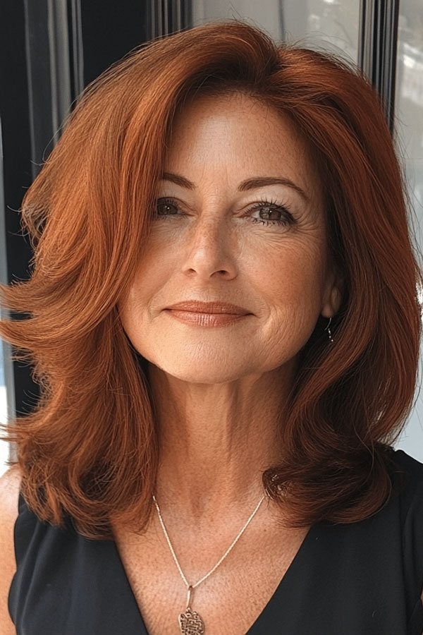 Bold Copper Layers, Collarbone-Length Haircut for over 60, collarbone Hairstyle For Women Over 60