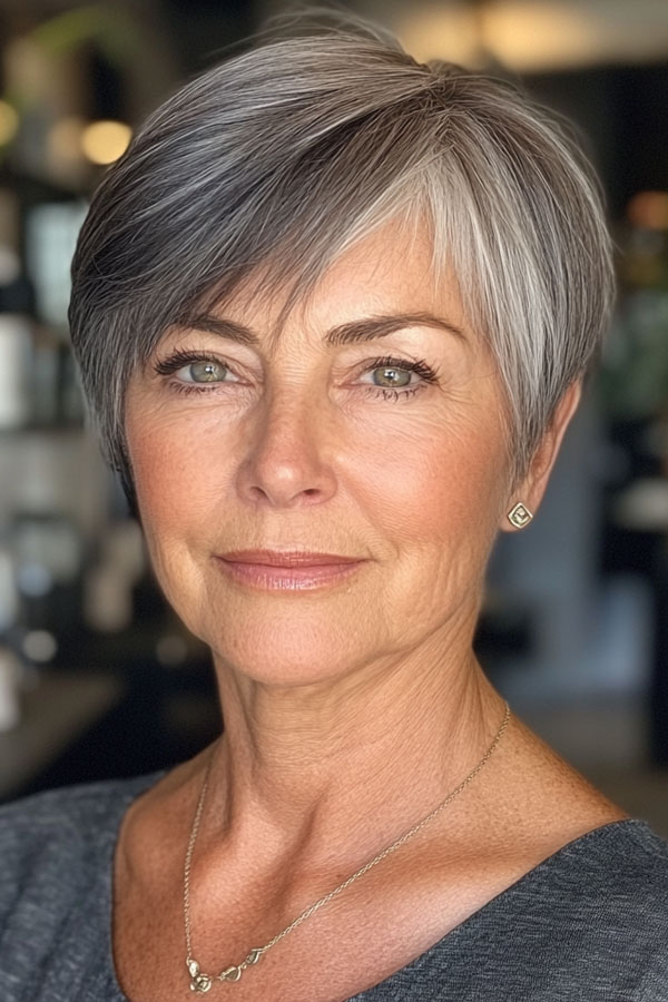 Silver Fox Sleek Pixie, pixie haircut for women over 60