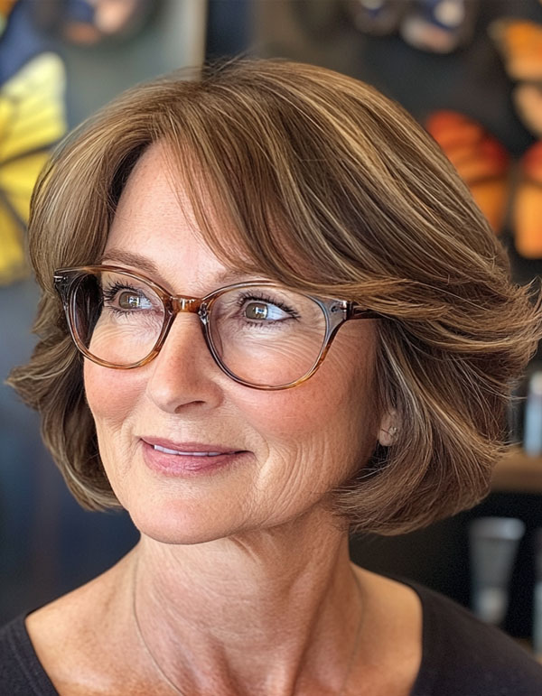 Classic Bob with Feathered Layers, Bob Haircut For Women Over 60 with Glasses