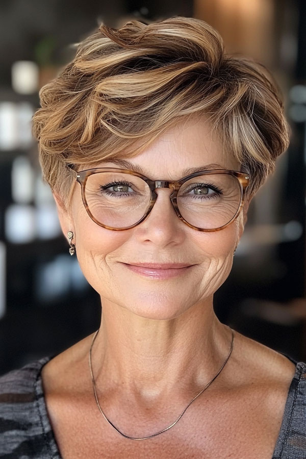 Chic Caramel Pixie, Pixie Haircut For Women Over 60 with Glasses