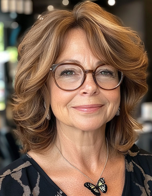 Rich Chestnut Voluminous Layers, Medium-Length Haircut For Women Over 60 with Glasses