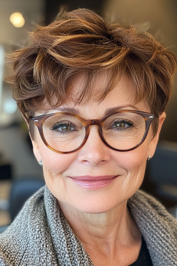 Playful Brunette Pixie, Pixie Haircut For Women Over 60 with Glasses