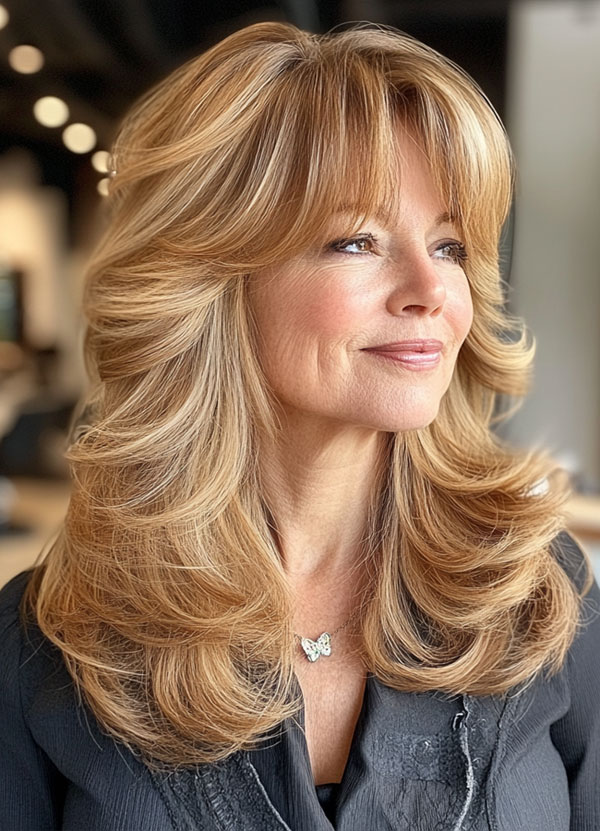 Golden Butterfly Layers with Bangs, Long Layered Haircut for women over 50, Long Layered Hairstyle for women over 50, butterfly layered haircut