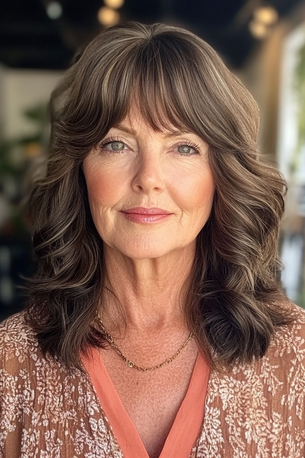 Soft Layered Curls with Wispy Bangs, Collarbone-Length Haircut for over 60, collarbone Hairstyle For Women Over 60