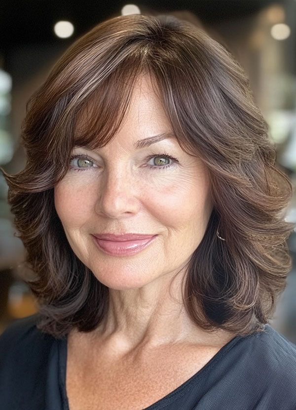 Soft Brown Waves with Subtle Highlights, Collarbone-Length Haircut for over 60, collarbone Hairstyle For Women Over 60