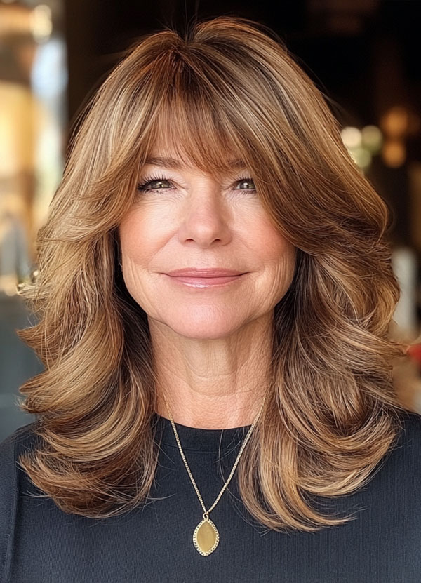 Honeyed Voluminous Layers, Long Layered Haircut for women over 50, Long Layered Hairstyle for women over 50, butterfly layered haircut