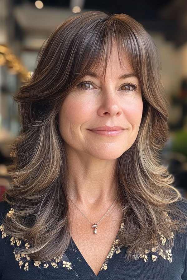 Soft Ash Brown Layers with Wispy Bangs, Long Layered Haircut for women over 50, Long Layered Hairstyle for women over 50, butterfly layered haircut