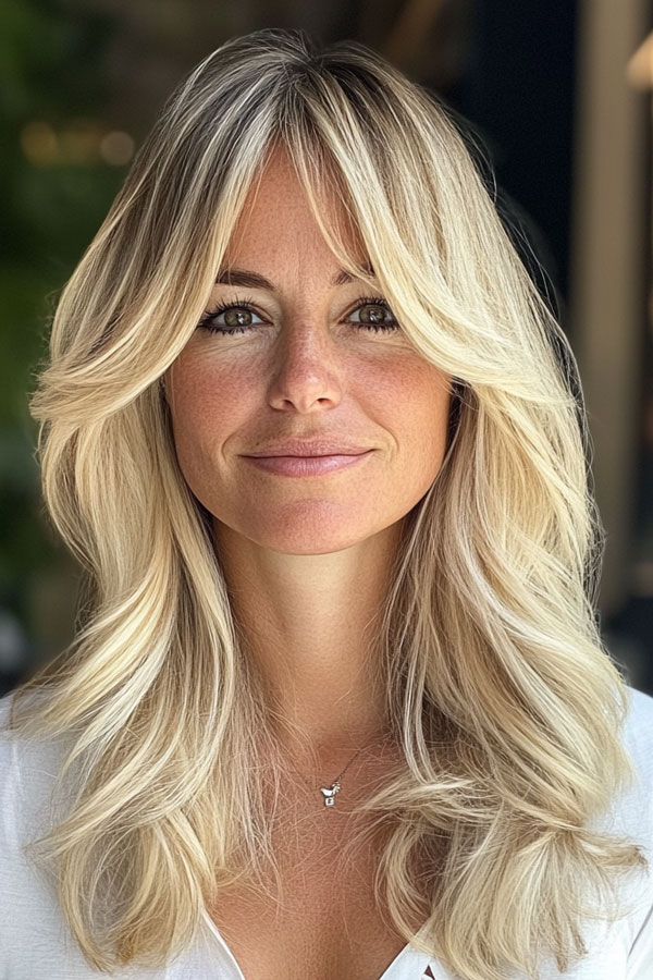 Platinum Blonde Layers, long layered hairstyle for women over 40