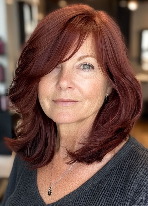 Rich Burgundy Layers, medium-length layered haircuts, mid-length hairstyle for women Over 60 