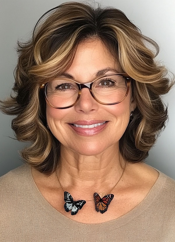 Textured Layers with Caramel Highlights, Medium-Length Haircut For Women Over 60 with Glasses