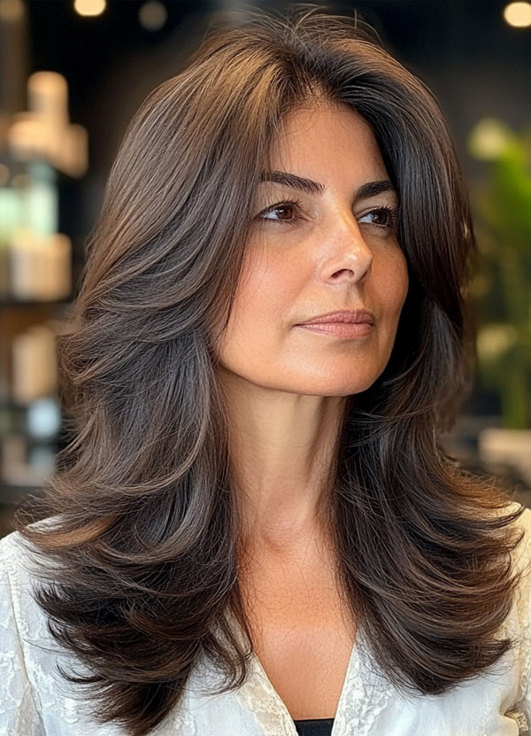 Deep Brunette Long Layers, layered haircut for women over 40