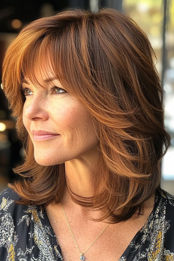 Sun-Kissed Brunette Layers, Collarbone-Length Haircut for over 60, collarbone Hairstyle For Women Over 60