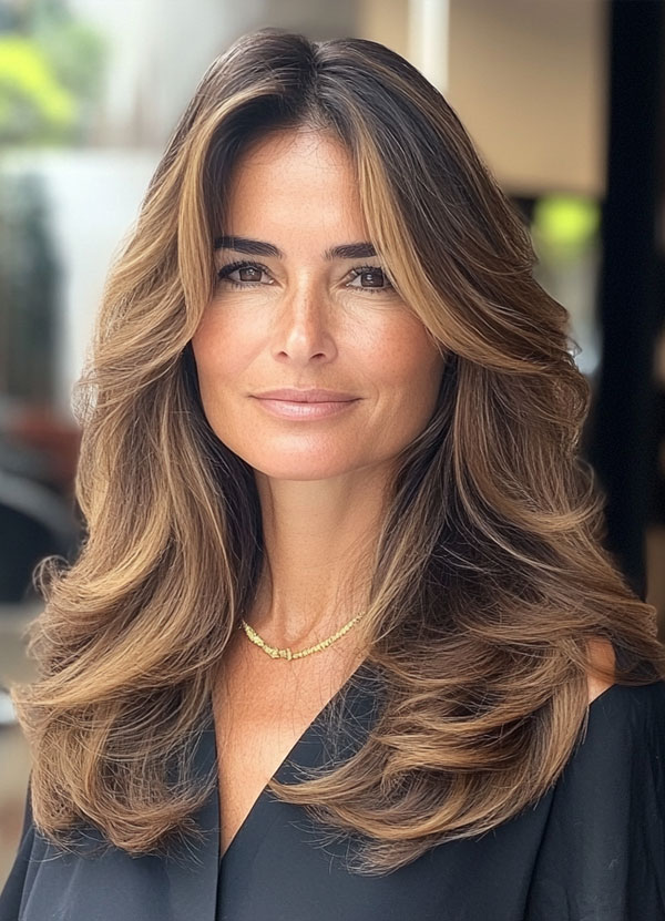 Luxurious Honey Brown Layers, layered haircut for women over 40