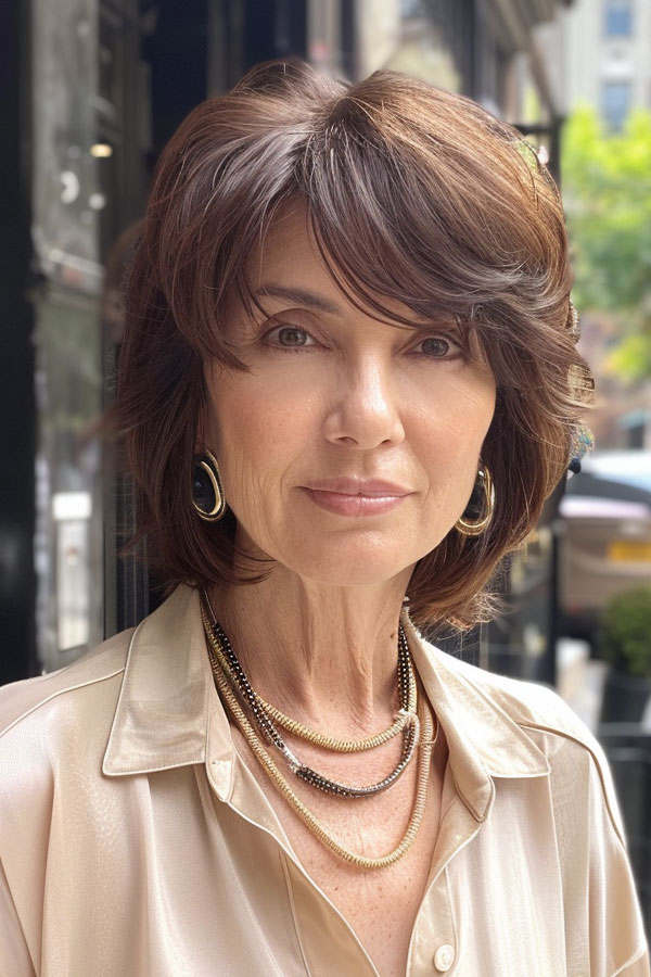 Layered Chestnut Bob, bob haircut for women over 60, bob hairstyle for female over 60