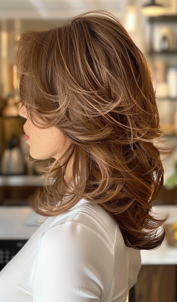 Brown Layers with Warm Honey Blonde Highlights, Mid-Length Layered Haircut