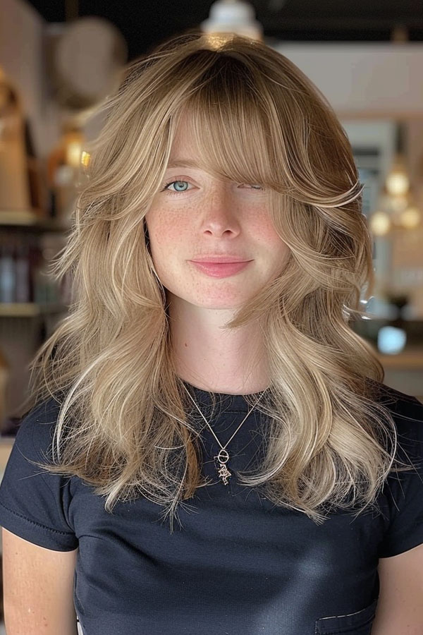 Soft Blonde Layers with Fringe, Trendsetting Armpit-Length Layered Haircuts