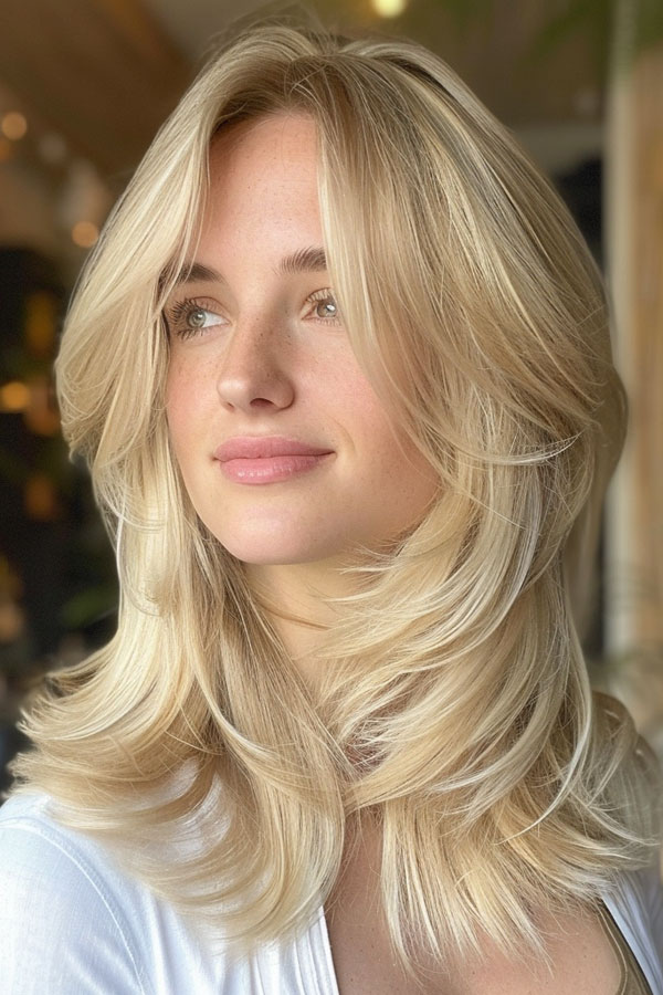 Angelic Blonde Feathered Layers, Mid-Length Layered Haircut