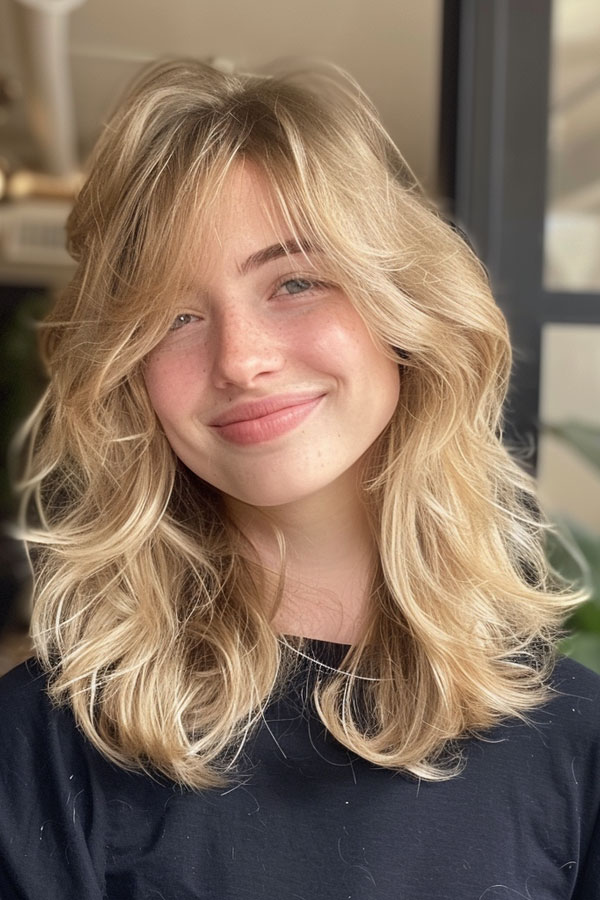 Loose Waves Warm Blonde Layers, Mid-Length Layered Hairstyle