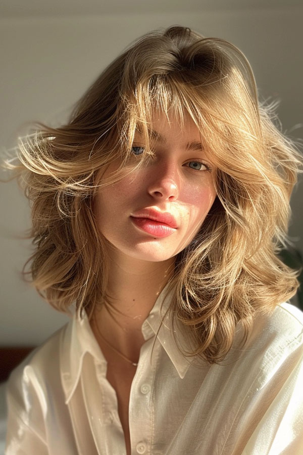 Honey Blonde Wind-Swept Airy Layers, Mid-Length Layered Hairstyle