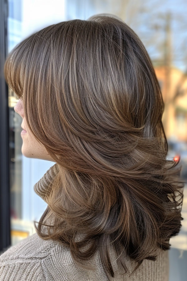 Ash Brown Layers with Caramel Highlights, Mid-Length Layered Hairstyle