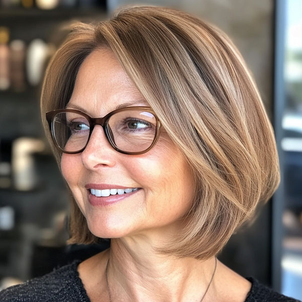 Sophisticated Light Brown Bob, Medium-Length Haircut For Women Over 60 with Glasses