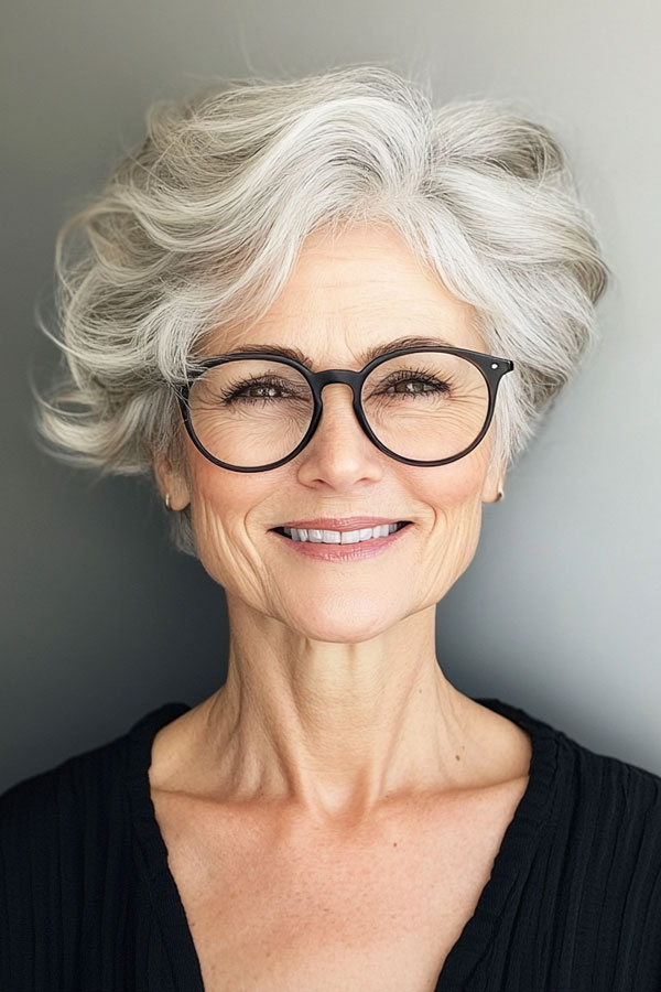 Silver Waves Bixie with Classic Frames, Short Haircut For Women Over 60 with Glasses