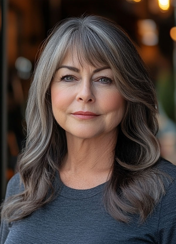 Silver Layers, Long Layered Haircut for women over 50, Long Layered Hairstyle for women over 50, butterfly layered haircut