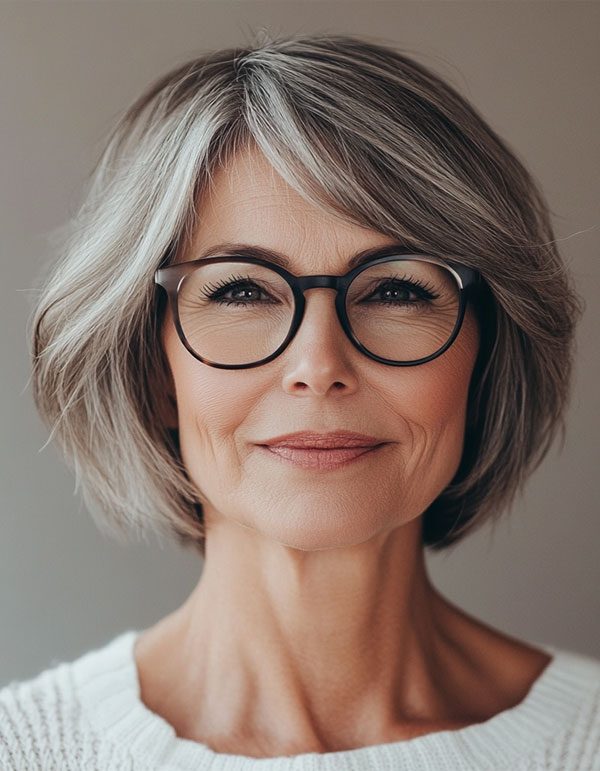 Elegant Gray Soft Layered Bob, Bob Haircut For Women Over 60 with Glasses